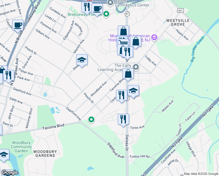 map of restaurants, bars, coffee shops, grocery stores, and more near 756 Tacoma Boulevard in Westville