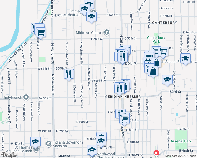 map of restaurants, bars, coffee shops, grocery stores, and more near 5301 Central Avenue in Indianapolis