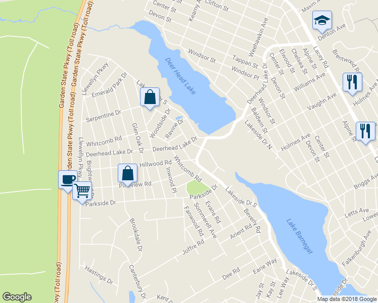 map of restaurants, bars, coffee shops, grocery stores, and more near 1762 Hillside Place in Lacey Township