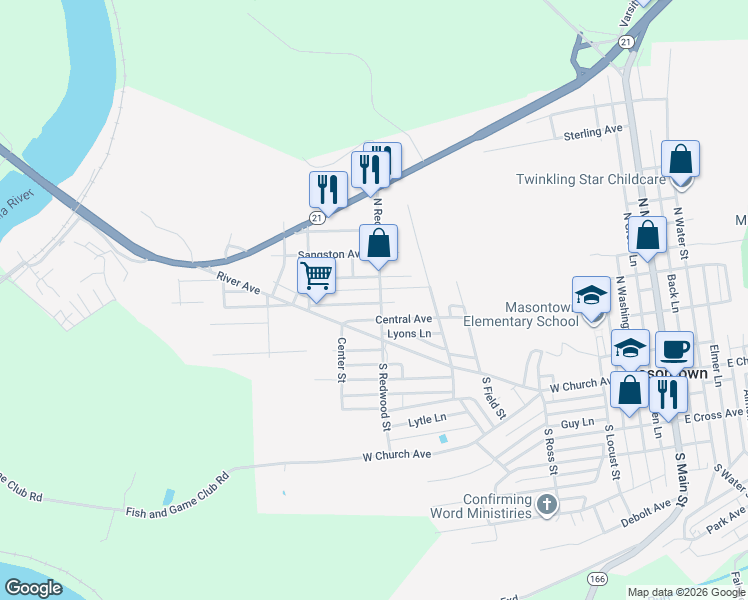 map of restaurants, bars, coffee shops, grocery stores, and more near 202 Commercial Avenue in Masontown