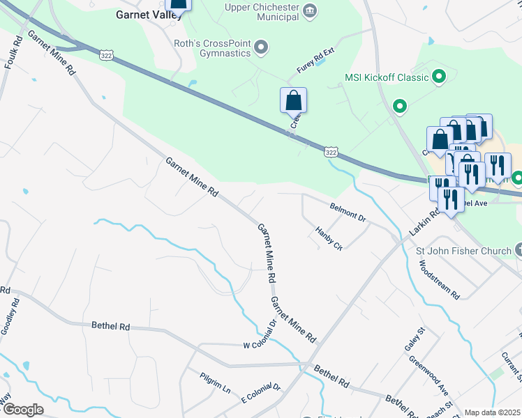 map of restaurants, bars, coffee shops, grocery stores, and more near 1656 Garnet Mine Road in Garnet Valley