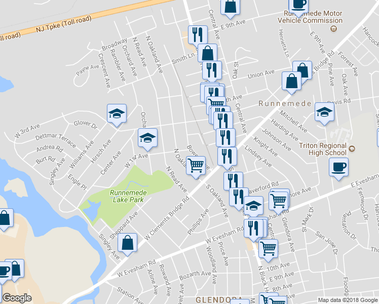 map of restaurants, bars, coffee shops, grocery stores, and more near 102 West 1st Avenue in Runnemede