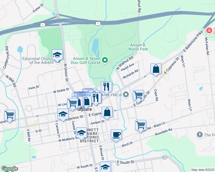 map of restaurants, bars, coffee shops, grocery stores, and more near 137 North Willow Street in Kennett Square