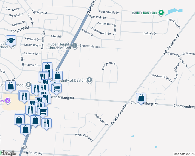 map of restaurants, bars, coffee shops, grocery stores, and more near 6710 Evergreen Woods Drive in Dayton