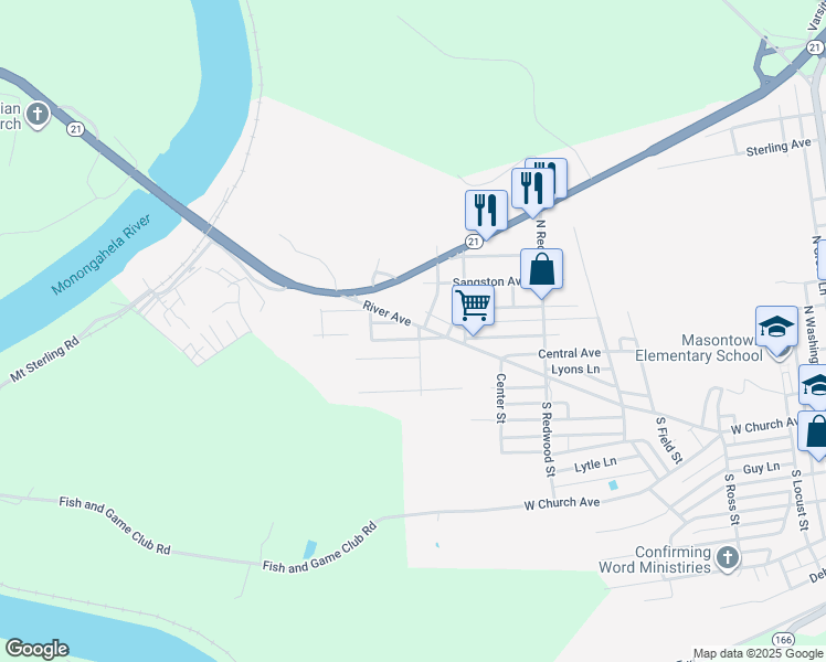 map of restaurants, bars, coffee shops, grocery stores, and more near 2 South 2nd Street in Masontown