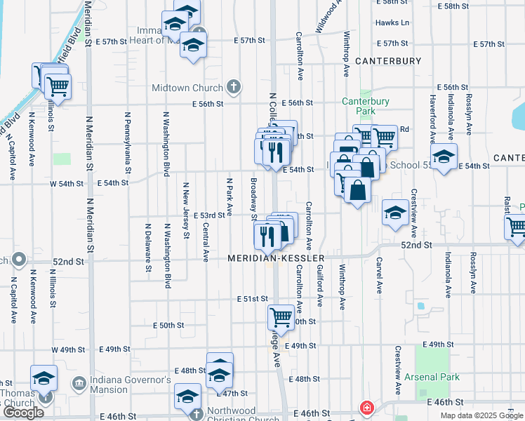 map of restaurants, bars, coffee shops, grocery stores, and more near 656 East 53rd Street in Indianapolis