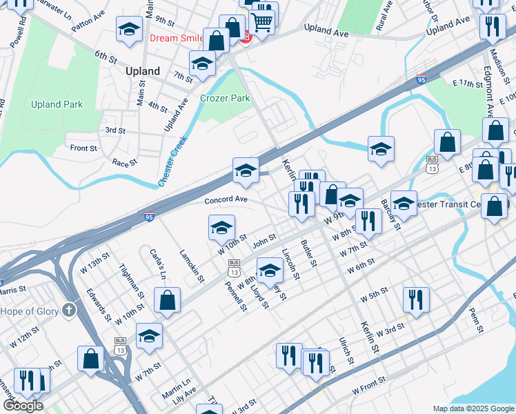 map of restaurants, bars, coffee shops, grocery stores, and more near 1102 Concord Avenue in Chester
