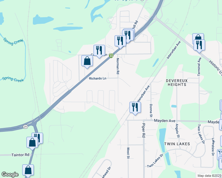 map of restaurants, bars, coffee shops, grocery stores, and more near 2320 Richards Lane in Springfield