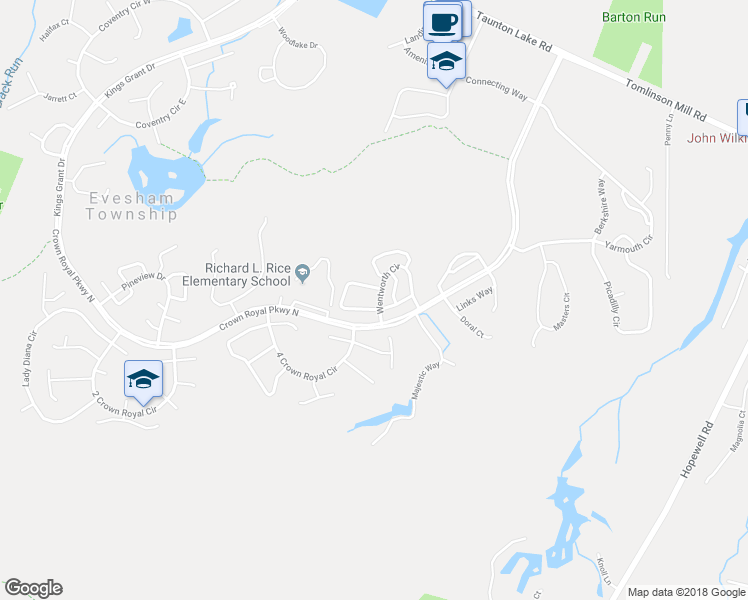 map of restaurants, bars, coffee shops, grocery stores, and more near 32 Summit Court in Evesham Township