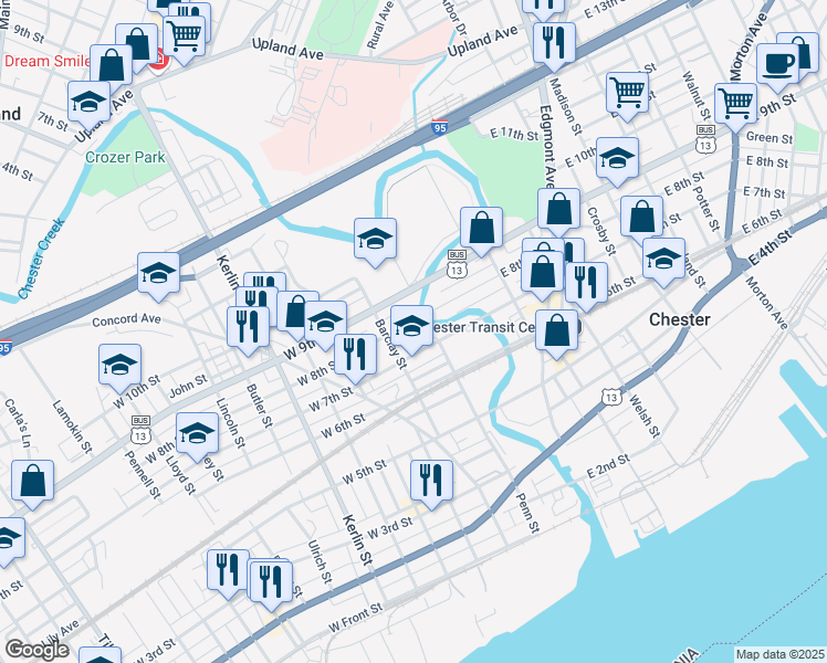 map of restaurants, bars, coffee shops, grocery stores, and more near 222 West 7th Street in Chester