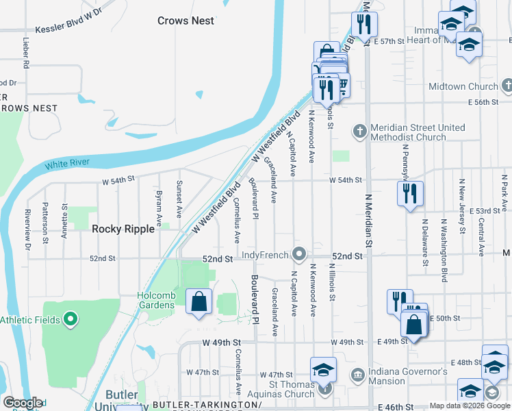 map of restaurants, bars, coffee shops, grocery stores, and more near 5314 Boulevard Place in Indianapolis