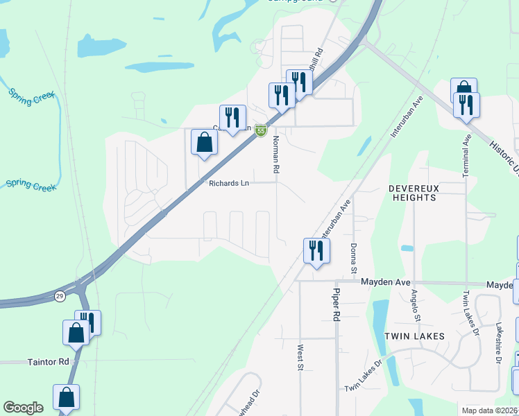 map of restaurants, bars, coffee shops, grocery stores, and more near 2320 Richards Lane in Springfield