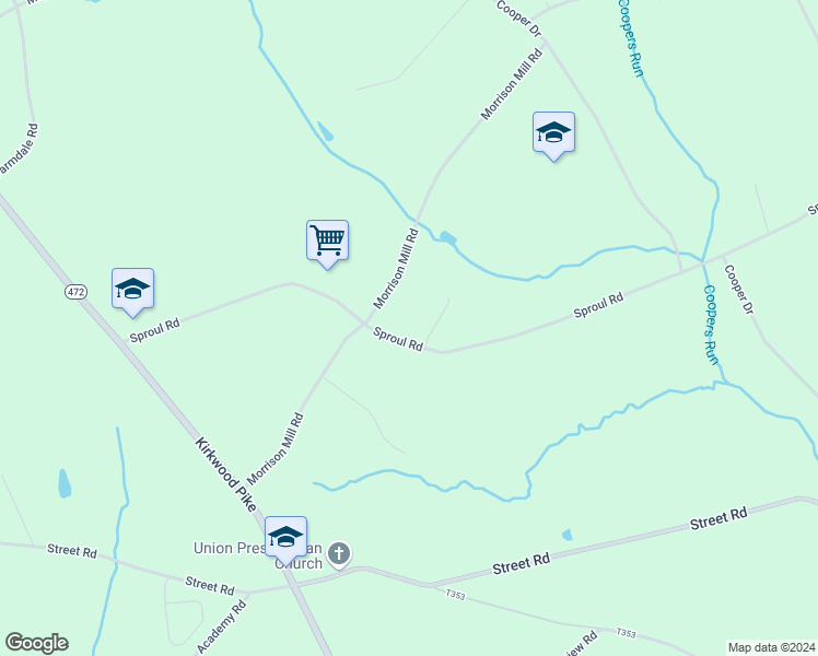 map of restaurants, bars, coffee shops, grocery stores, and more near 409 Sproul Road in Kirkwood