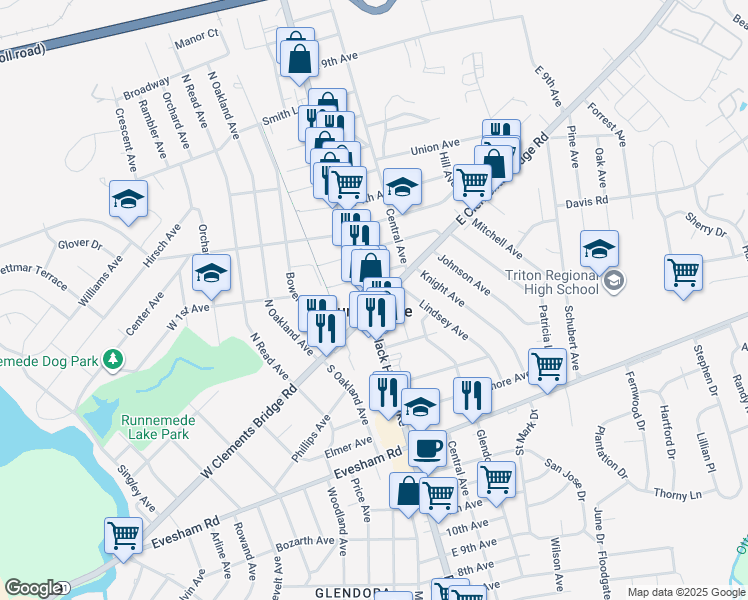 map of restaurants, bars, coffee shops, grocery stores, and more near 10 East Clements Bridge Road in Runnemede