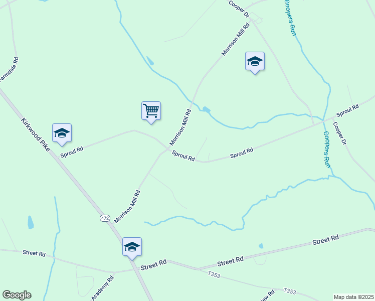 map of restaurants, bars, coffee shops, grocery stores, and more near 409 Sproul Road in Kirkwood