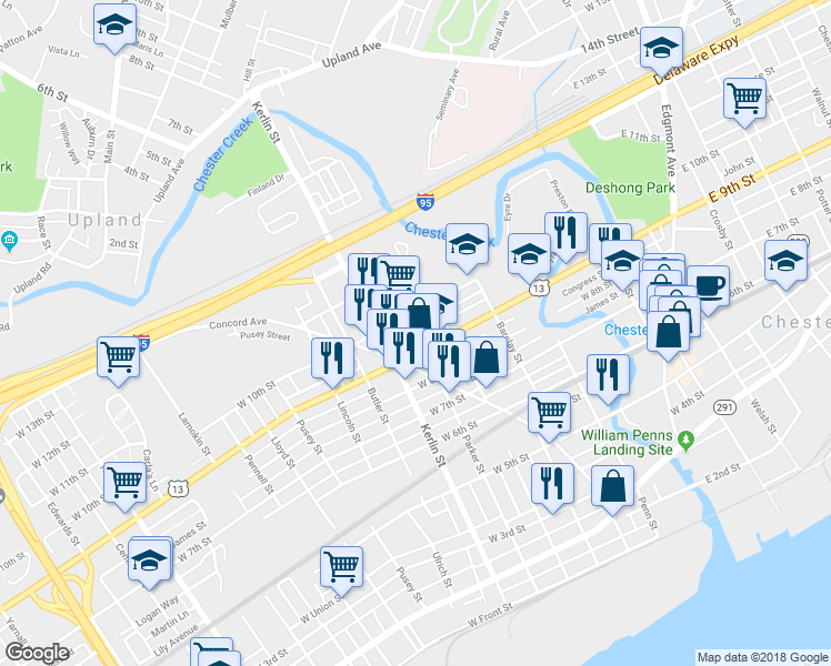 map of restaurants, bars, coffee shops, grocery stores, and more near 905 Parker Street in Chester