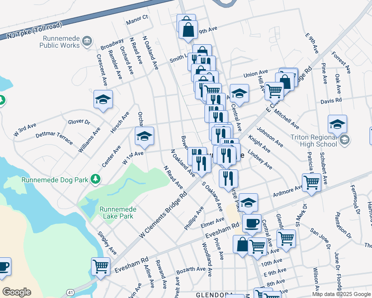 map of restaurants, bars, coffee shops, grocery stores, and more near 102 West 1st Avenue in Runnemede