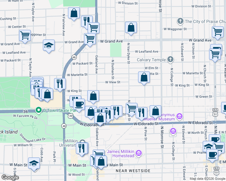 map of restaurants, bars, coffee shops, grocery stores, and more near 999 W King St in Decatur