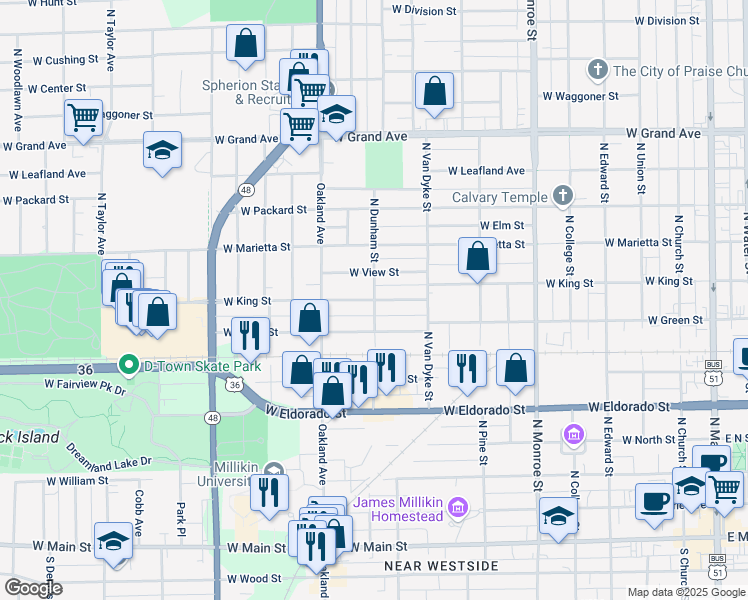 map of restaurants, bars, coffee shops, grocery stores, and more near 1001 West King Street in Decatur