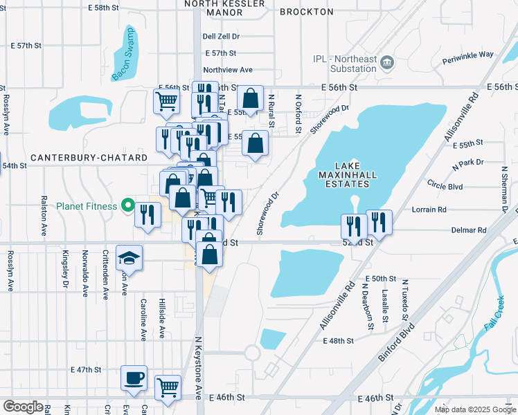 map of restaurants, bars, coffee shops, grocery stores, and more near 5253 Shorewood Drive in Indianapolis