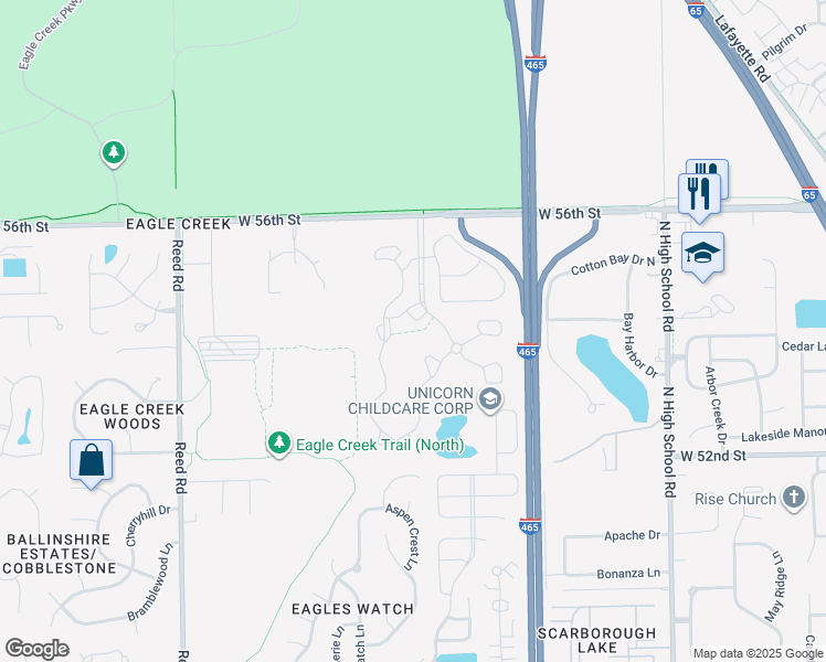 map of restaurants, bars, coffee shops, grocery stores, and more near 5371 Holly Springs Court in Indianapolis