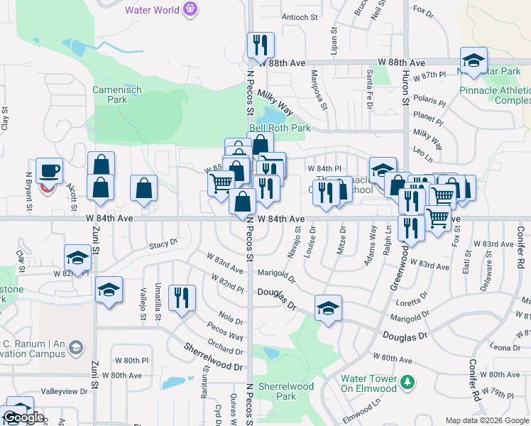 map of restaurants, bars, coffee shops, grocery stores, and more near 1542 W 84th Ave in Federal Heights