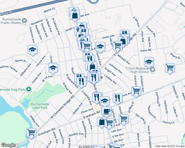 map of restaurants, bars, coffee shops, grocery stores, and more near 10 East Clements Bridge Road in Runnemede