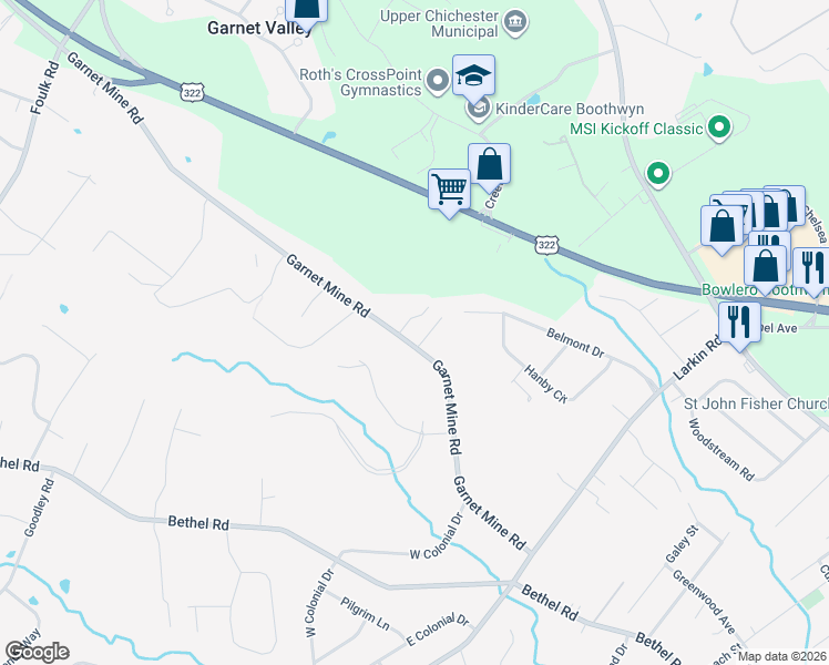 map of restaurants, bars, coffee shops, grocery stores, and more near 1656 Garnet Mine Road in Garnet Valley