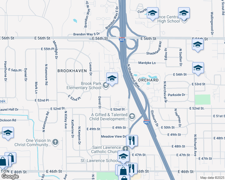 map of restaurants, bars, coffee shops, grocery stores, and more near 5259 David Street in Lawrence