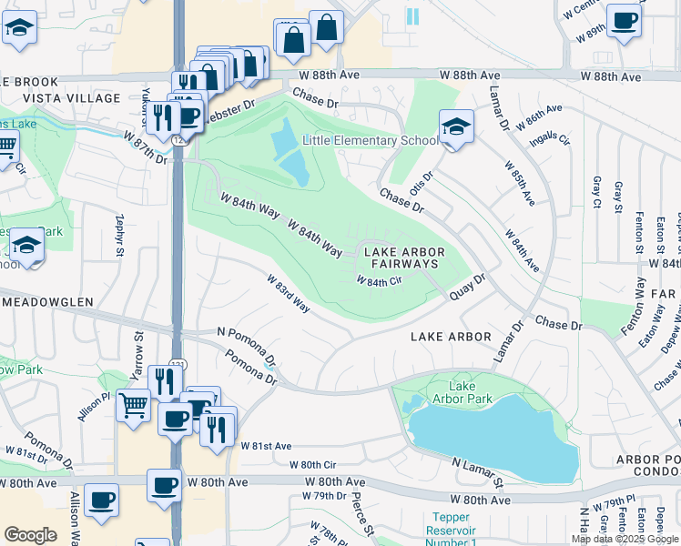 map of restaurants, bars, coffee shops, grocery stores, and more near 6816 West 84th Circle in Arvada