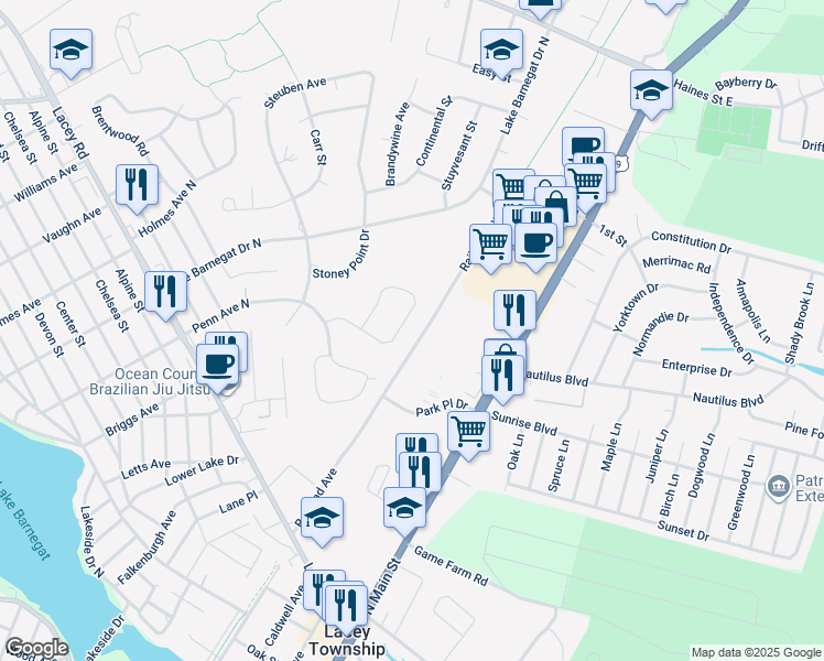 map of restaurants, bars, coffee shops, grocery stores, and more near 17 Penn Place in Lacey Township