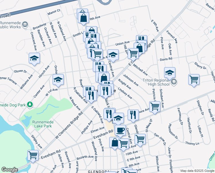 map of restaurants, bars, coffee shops, grocery stores, and more near 10 East Clements Bridge Road in Runnemede