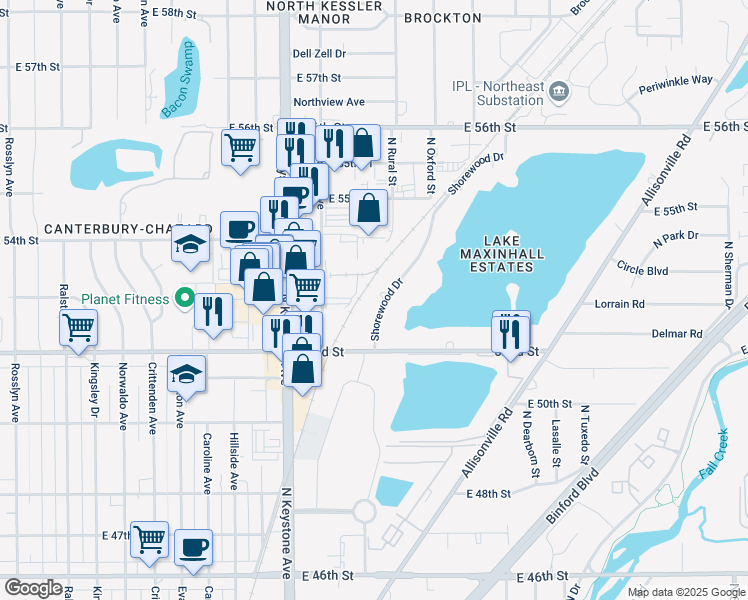 map of restaurants, bars, coffee shops, grocery stores, and more near 5253 Shorewood Drive in Indianapolis