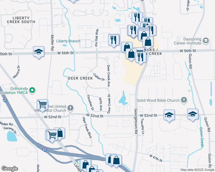 map of restaurants, bars, coffee shops, grocery stores, and more near 5301 Deer Creek Avenue in Indianapolis