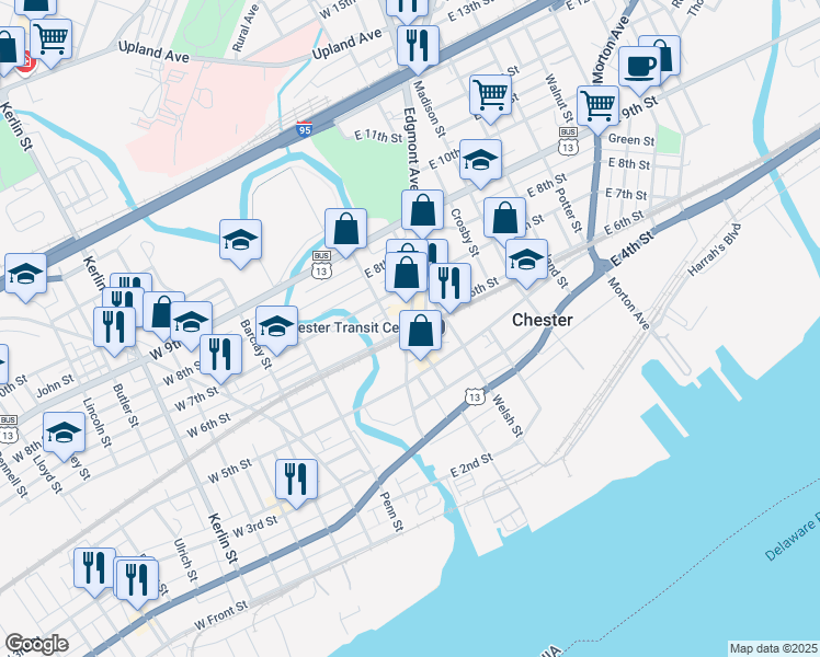 map of restaurants, bars, coffee shops, grocery stores, and more near 4 West 6th Street in Chester