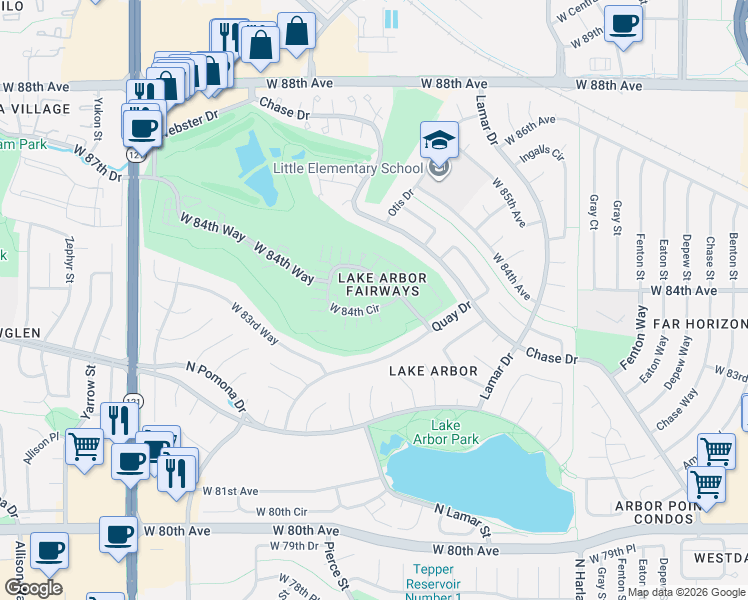 map of restaurants, bars, coffee shops, grocery stores, and more near 6735 West 84th Circle in Arvada