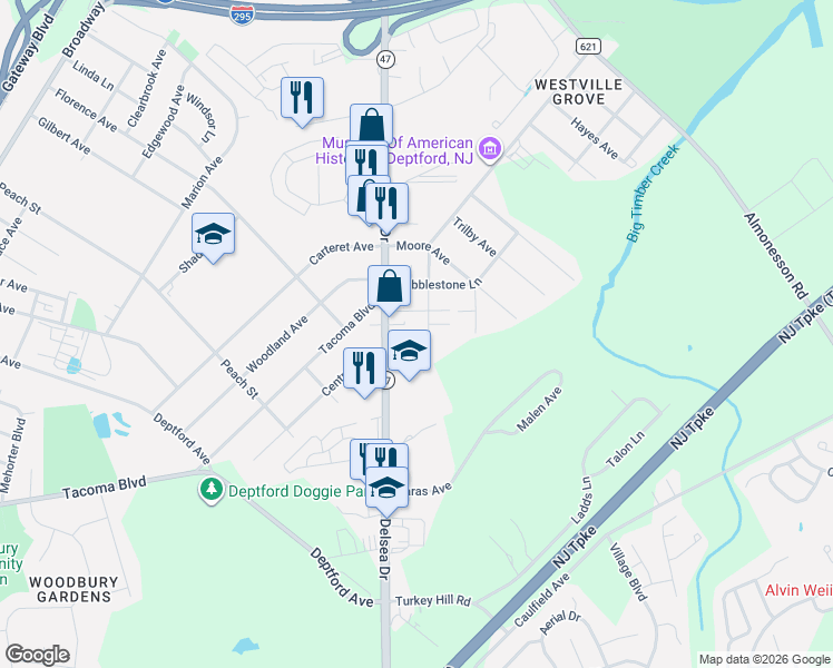 map of restaurants, bars, coffee shops, grocery stores, and more near 1127 Delsea Drive in Westville