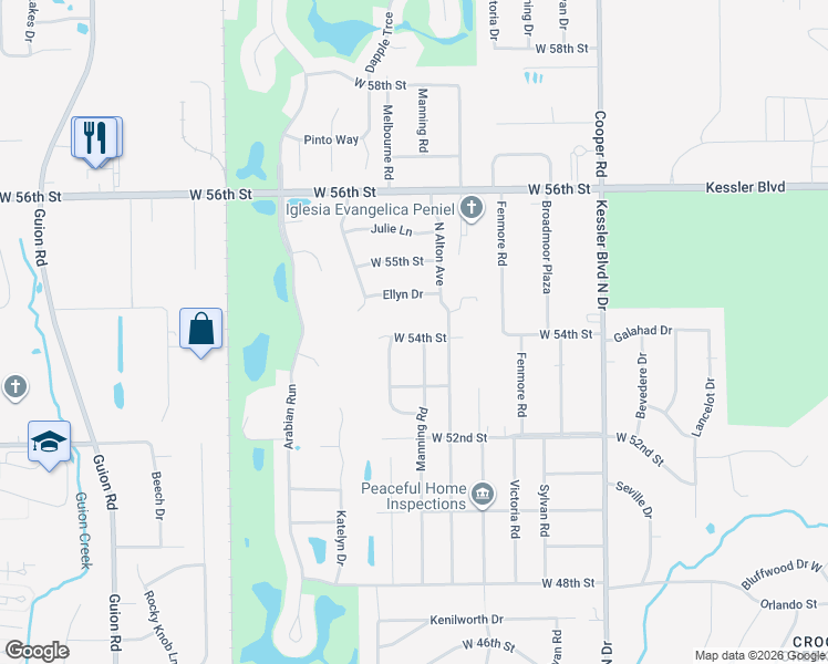 map of restaurants, bars, coffee shops, grocery stores, and more near 3461 West 54th Street in Indianapolis
