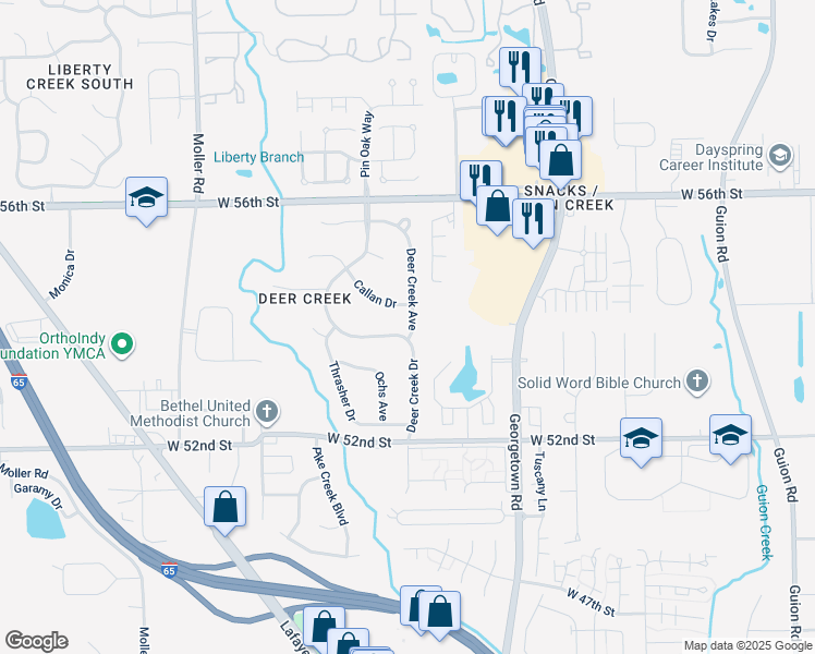 map of restaurants, bars, coffee shops, grocery stores, and more near 5301 Deer Creek Avenue in Indianapolis