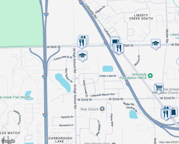 map of restaurants, bars, coffee shops, grocery stores, and more near 6121 Lake Freeman Drive in Indianapolis