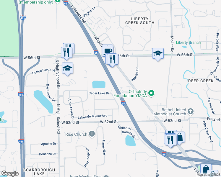 map of restaurants, bars, coffee shops, grocery stores, and more near 5390 Lakeside Manor Drive in Indianapolis
