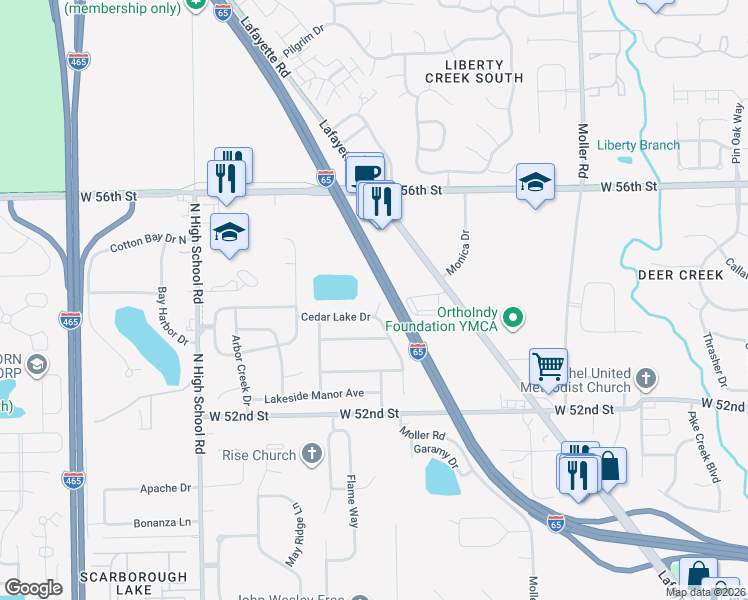 map of restaurants, bars, coffee shops, grocery stores, and more near 5378 Lakeside Manor Drive in Indianapolis
