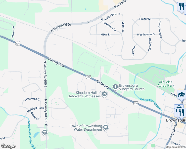 map of restaurants, bars, coffee shops, grocery stores, and more near 6510 East Main Street in Brownsburg