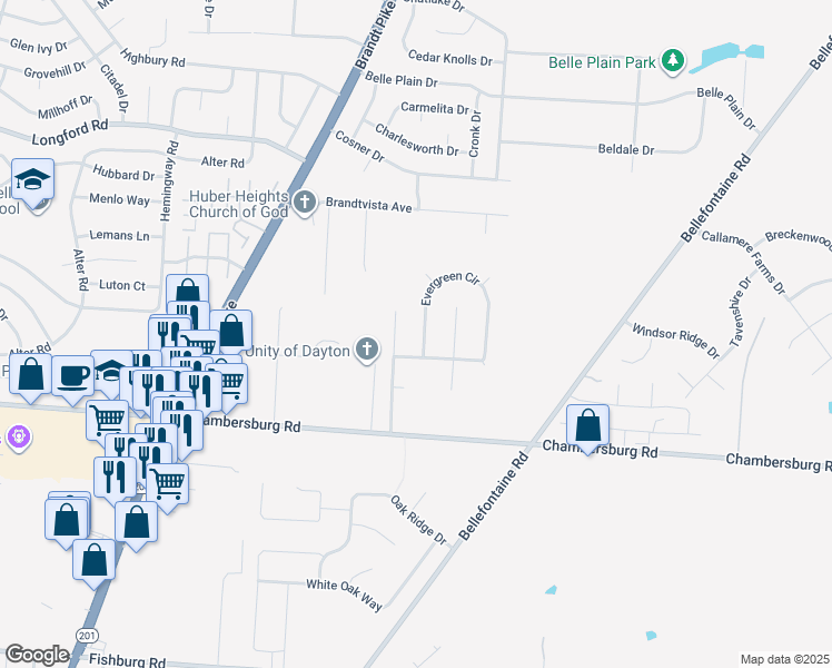 map of restaurants, bars, coffee shops, grocery stores, and more near 6710 Evergreen Woods Drive in Dayton