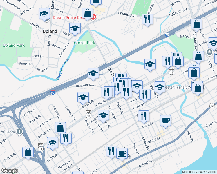 map of restaurants, bars, coffee shops, grocery stores, and more near 1010 Concord Avenue in Chester