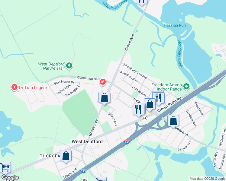map of restaurants, bars, coffee shops, grocery stores, and more near 118 Brent Court in West Deptford
