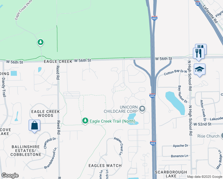 map of restaurants, bars, coffee shops, grocery stores, and more near 5438 Holly Springs Drive West in Indianapolis