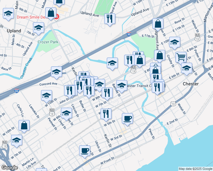 map of restaurants, bars, coffee shops, grocery stores, and more near 200 West 9th Street in Chester