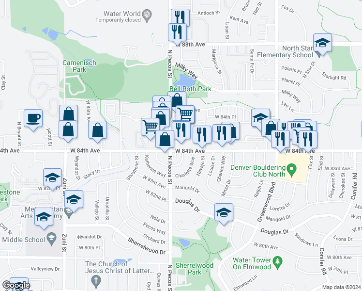 map of restaurants, bars, coffee shops, grocery stores, and more near 1509 West 84th Avenue in Denver
