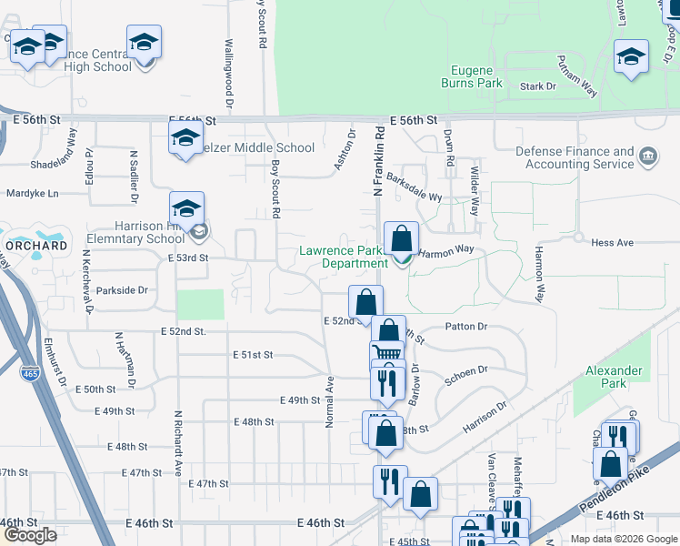 map of restaurants, bars, coffee shops, grocery stores, and more near 7965 Benjamin Drive in Lawrence